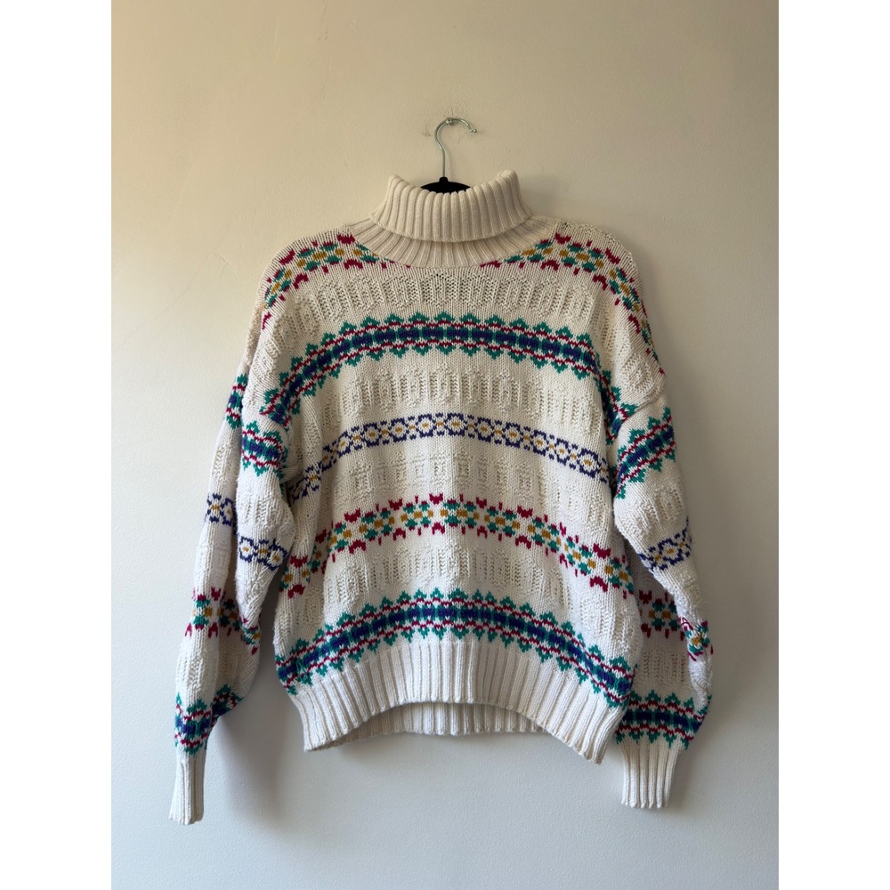 Vintage American Eagle Fair Isle Turtleneck Sweater Ivory Multi Color Large